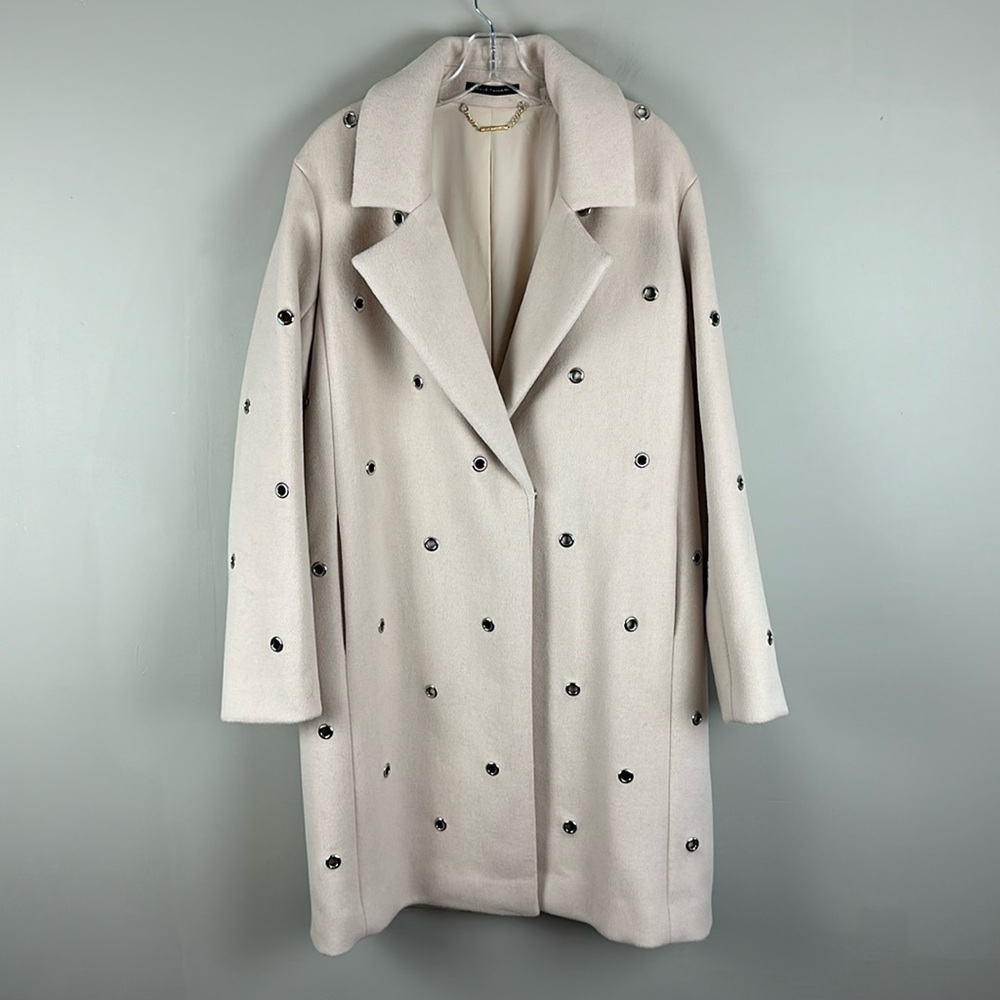 Elie Tahari Women Cream Wool Grommet Long Overcoat Size L Quiet Luxury Old Money